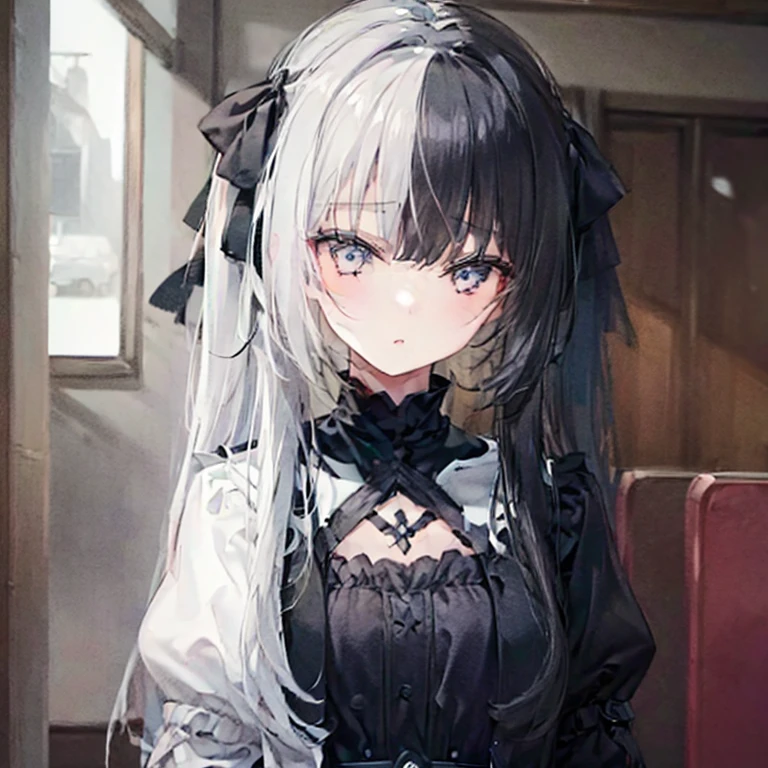 highest quality、highest quality、8k、Ultra-high resolution、highest quality、Very detailed、Perfect Face、Very detailed、Very delicate、1 boy, ((alone))、,Anime Style、church、Twin tails、(One Girl)、Two-tone hair, Black and White,Black and White、2 Tone,(HLFCOL hair girl with black and white hair),(1 girl:1.9),left_right,Night Dark Night