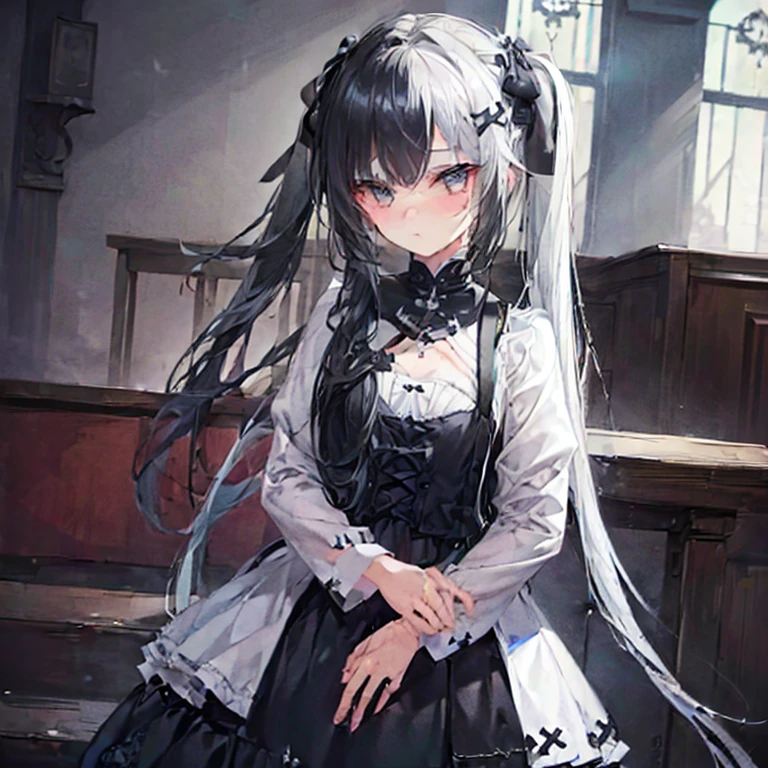 highest quality、highest quality、8k、Ultra-high resolution、highest quality、Very detailed、Perfect Face、Very detailed、Very delicate、1 boy, ((alone))、,Anime Style、church、Twin tails、(One Girl)、Two-tone hair, Black and White,Black and White、2 Tone,(HLFCOL hair girl with black and white hair),(1 girl:1.9),left_right,Night Dark Night
