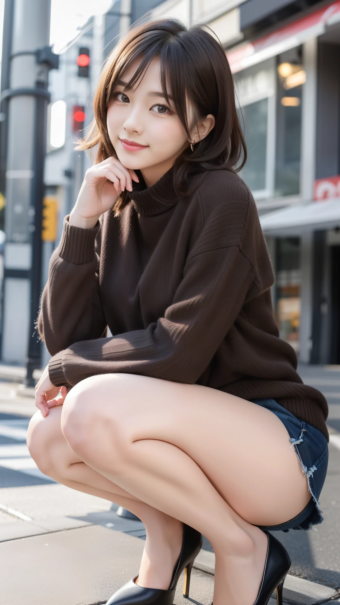 Photos taken by a professional photographer,Close-up of a woman squatting on the sidewalk, Young and cute Japanese model, Wearing a random color casual sweater,Short brown hair with side waves, Black high heels,nice smile、Wearing a black miniskirt、Thighs clean、