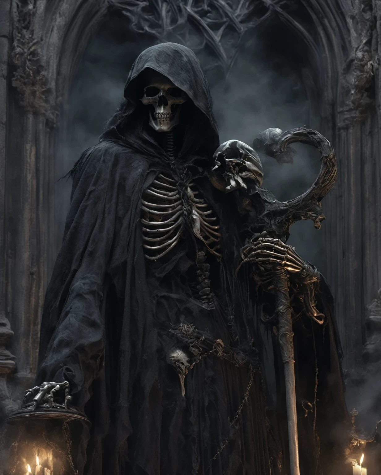 (best quality,4k,8k,highres,masterpiece:1.2), ultra-detailed, (realistic,photorealistic,photo-realistic:1.37),, in style of Alessandro AlloriGrim reaper, black cloak, skeleton, black hood, holding a scythe,  Demon's Crown，night, moonlight, mist, eerie atmosphere, creepy, mysterious, dark shadows, ethereal, spectral, supernatural, bone-chilling, haunting, Gothic, surreal, specter, death personified, embodiment of mortality, Grim Reaper, embodiment of the afterlife, ominous, soul collector, supernatural entity, macabre, foreboding, deathly pale, somber, solemn, skeletal figure, harbinger of death, silent, stealthy, empty eye sockets, bony fingers, ancient, timelessness, realm between life and death, border between the mortal world and the beyond.