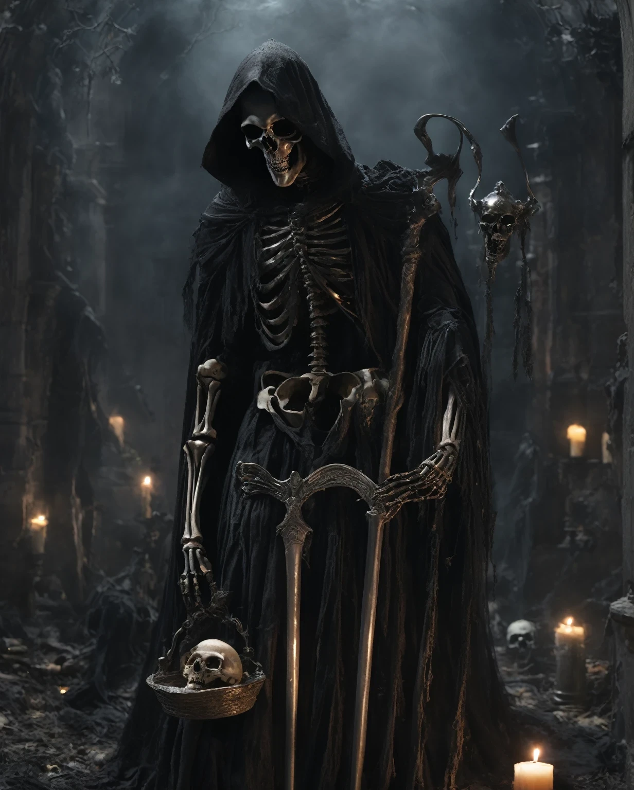 (best quality,4k,8k,highres,masterpiece:1.2), ultra-detailed, (realistic,photorealistic,photo-realistic:1.37),, in style of Alessandro AlloriGrim reaper, black cloak, skeleton, black hood, holding a scythe,  Demon's Crown，night, moonlight, mist, eerie atmosphere, creepy, mysterious, dark shadows, ethereal, spectral, supernatural, bone-chilling, haunting, Gothic, surreal, specter, death personified, embodiment of mortality, Grim Reaper, embodiment of the afterlife, ominous, soul collector, supernatural entity, macabre, foreboding, deathly pale, somber, solemn, skeletal figure, harbinger of death, silent, stealthy, empty eye sockets, bony fingers, ancient, timelessness, realm between life and death, border between the mortal world and the beyond.