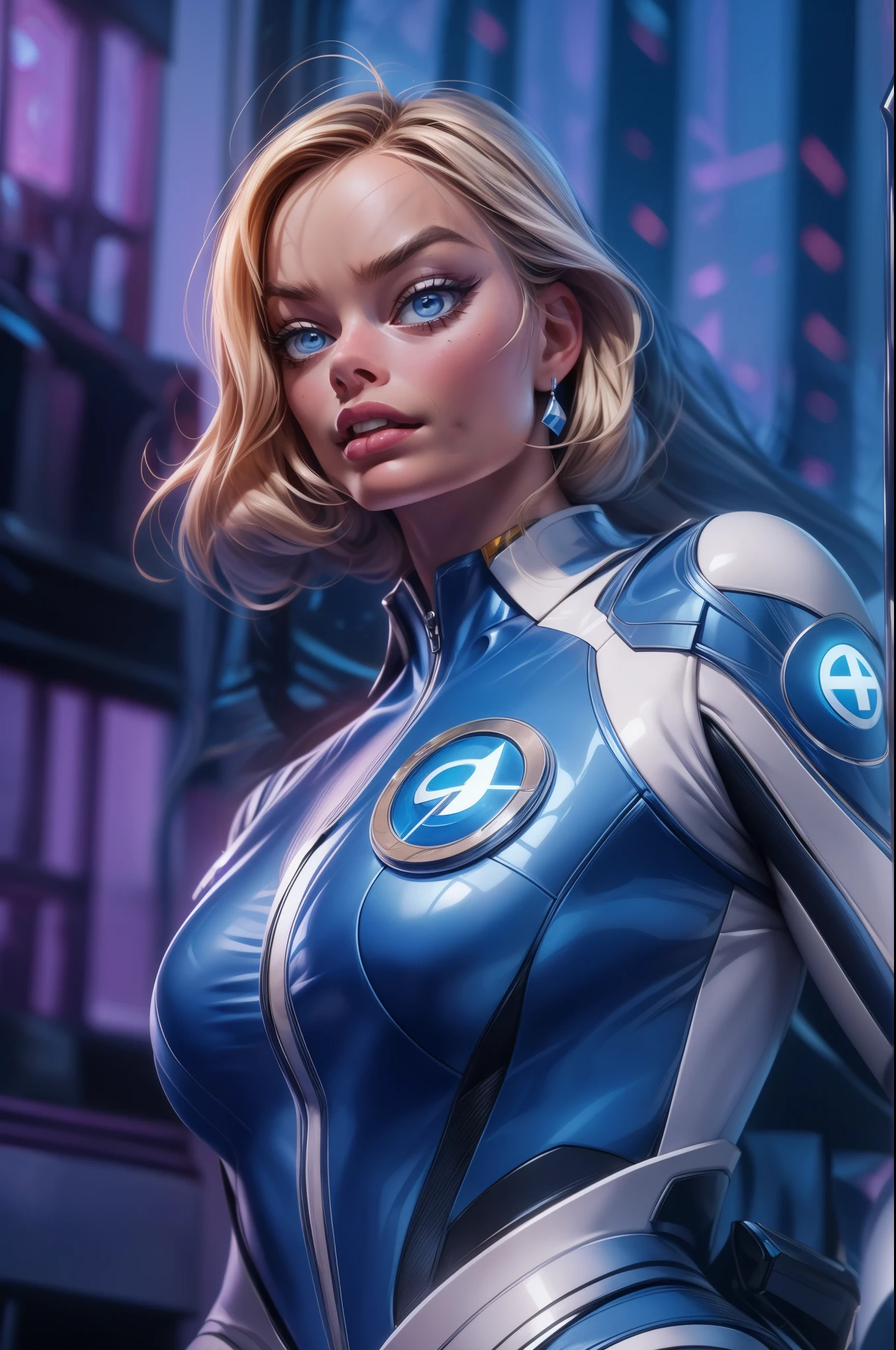 Margot Robbie as Sue Storm from Fantastic Four, wearing futuristic blue suit with fantastic four emblem on chest, Perfect Facial Features, photo portrait, hyper realistic, ideal face template, full body, superhero pose, Fujifilm X-T3, 1/1250sec at f/2.8, ISO 160, 84mm, bokeh city background.