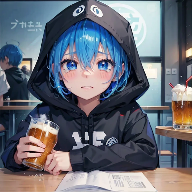 Children around this age、プライベートサーbar、Shibuya Ward、Wearing a hood、smile、Being drunk、Drinking alcohol、masterpiece,highest quality,One Girl,alone,close your eyes,Open your mouth,cry,shout,tears,(Drunk,blush),Sitting,drinking,((suit)),Holding a mug,Beer mug,counter,bar、Blue Hair、