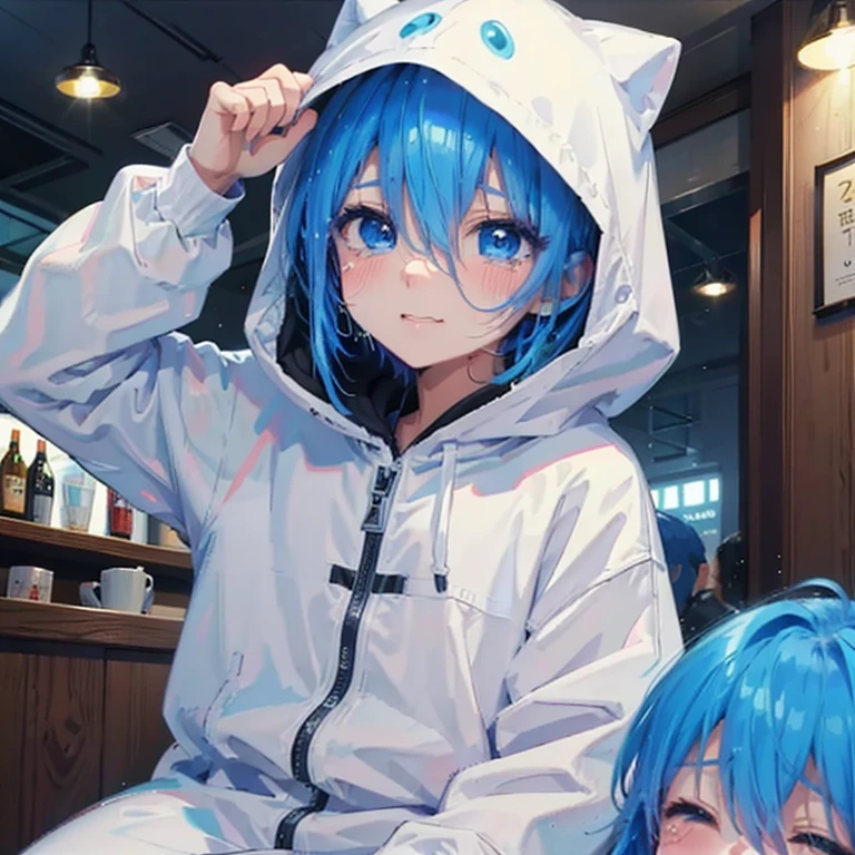 Children around this age、プライベートサーbar、Shibuya Ward、Wearing a hood、smile、Being drunk、Drinking alcohol、masterpiece,highest quality,One Girl,alone,close your eyes,Open your mouth,cry,shout,tears,(Drunk,blush),Sitting,drinking,((suit)),Holding a mug,Beer mug,counter,bar、Blue Hair、