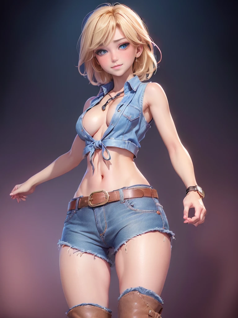 (Masterpiece: 1.4, Best Quality), (Intricate Details), Unity 8k wallpaper, super detailed, beautiful and beautiful, perfect lighting, (1 girl), (blonde hair, dark eyes, big breasts), dynamic pose, dynamic angle, lipstick, big breasts, detailed background, realistic, solo, perfect detailed face, detailed eyes, highly detailed, blush, hair accessories, smile, (denim vest, no underwear, open vest, exposed inner breasts: 1.5), exposed navel, (super short denim skirt: 1.5), thin waist, big ass, standing, (ponytail, long hair: 1.5), (Wearing a bamboo hat: 1.4), (Long wavy, curly, Long wavy), femininity