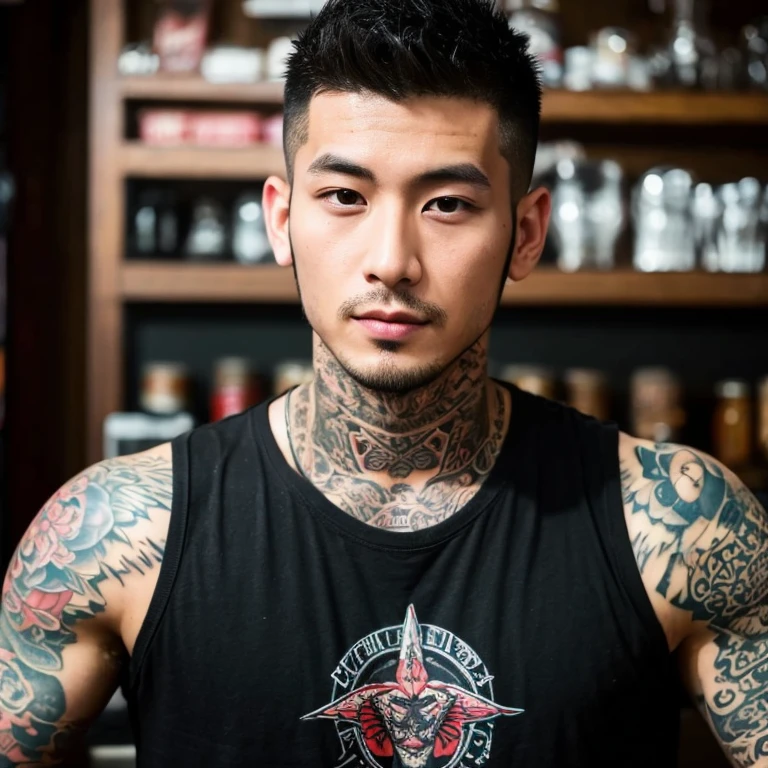frontal photo Looking straight into the camera,8k quality,, Close-up photo of 25 year old Asian man, very handsome., Mohawk hair,) Wear a dark black t-shirt., Yakuza tattoos, Inside a luxurious coffee shop, Taken with a high quality camera 45,000,000 pixels, realistic light colors,