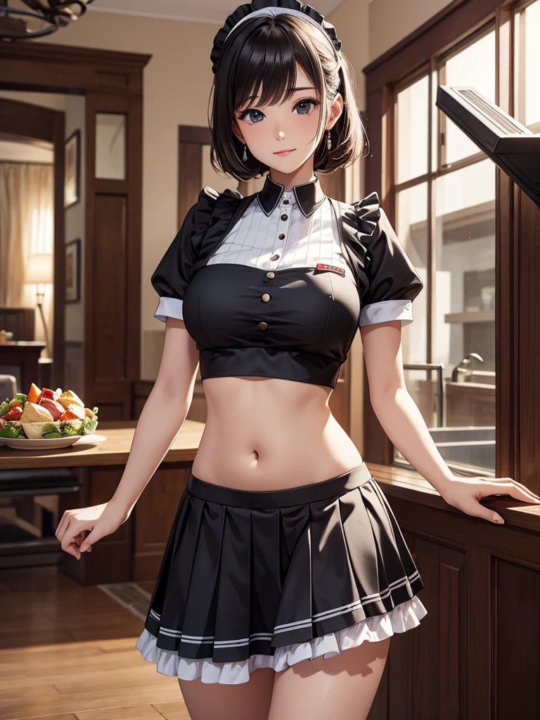 Woman in crop top maid uniform, showing navel, skirt, Mansion, beautiful belly, belly