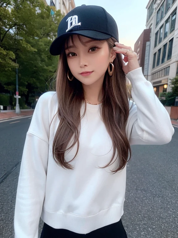 masterpiece, highest quality, High resolution,alone,Brown Hair, Very small earrings,artistic,Best lighting,casual,Flat Chest,Beautiful Face,expensive,smile,light makeup,nature,Age 23,Calm woman,Hair blowing in the wind,Blurred Background,Face Focus,Detailed Hair,Laughing woman,amount,Wavy Hair,night,outside,office Street,Woman wearing a jacket,Woman posing,Woman in cap,hip hop,dancer