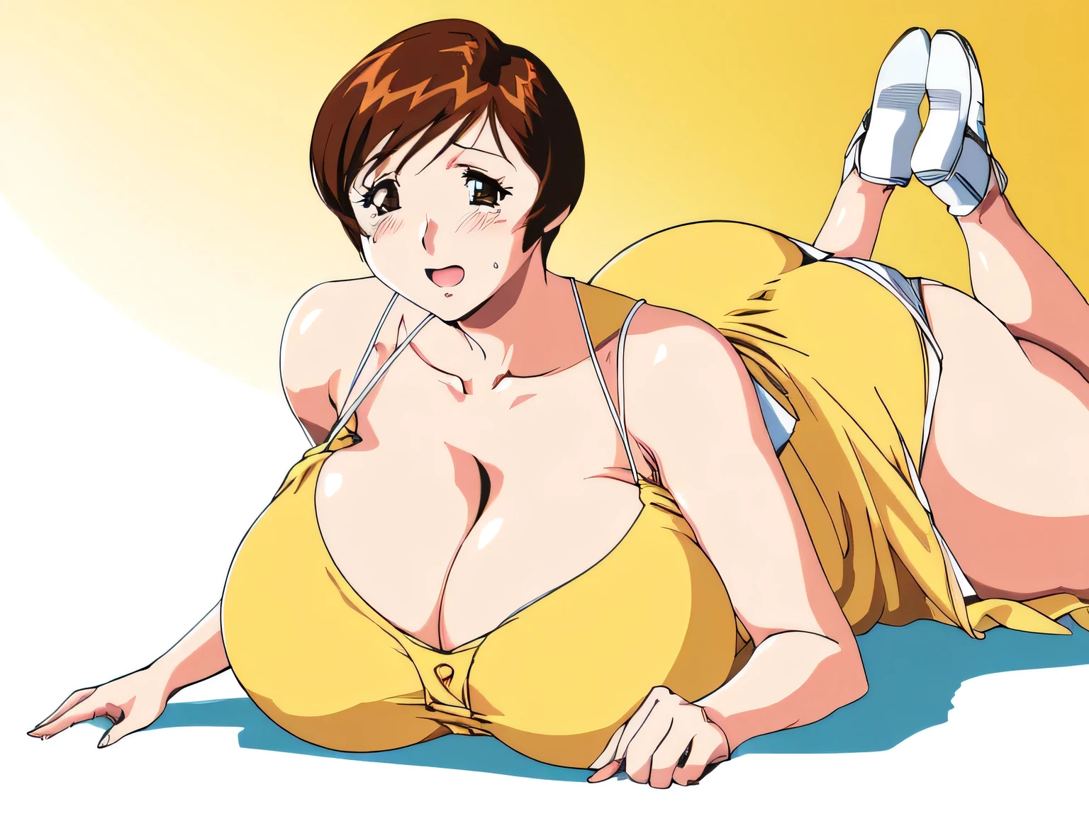 masterpiece, highest quality, High resolution, One girl, alone, alone, short hair, etsukoto, Fine grain, Fine grain, (((Thick thighs, Plump thighs, Voluptuous thighs, Enough thighs))), ((((gigantic and ample breasts, Cleavage, gigantic long breasts, Naughty big)))),((gigantic breasts are important))、((Naughty thighs)), L Cup, (thin:1.4),(Narrow waist:1.4), (Perfect beautiful yellow dress:1.4), ((white waist apron)), Surprised expression, (((Simple Background))), White panties, ((Wide Hips)), Shiny, oily skin, Mature mother, Calf, Seductive mature woman, Perfect body, Plus Size Model, etsukoto, blush, clavicle, retro artstyle, 1990s (style), ((on stmach, lying)),