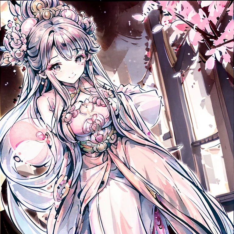 （4k）,Glamorous beauty，Middle chest，Cute and beautiful beauty，Long hair shawl，A pair of peach blossom eyes are charming and bright,Dimples in the smile，（best quality），Princess dress，Peach Blossom Forest