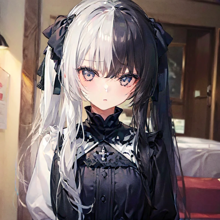 highest quality、highest quality、8k、Ultra-high resolution、highest quality、Very detailed、Perfect Face、Very detailed、Very delicate、1 boy, ((alone))、,Anime Style、church、Twin tails、(One Girl)、Two-tone hair, Black and White,Black and White、2 Tone,(HLFCOL hair girl with black and white hair),(1 girl:1.9),left_right,Night Dark Night
