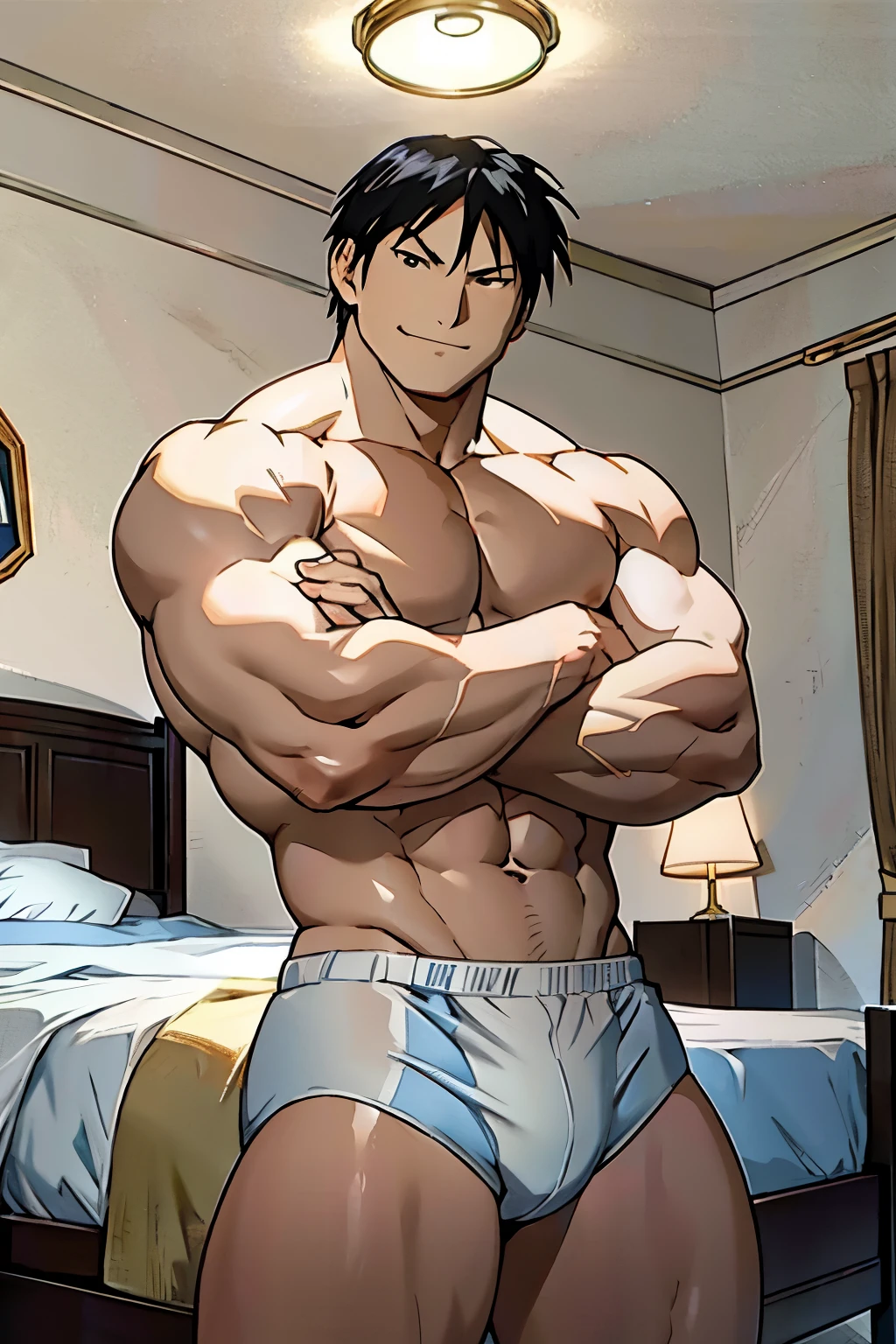Roy Mustang from Full Metal Alchemist, wearing white swimsuit, bodybuilder, smug smile, defined body, shirtless, abs, big legs, with arms crossed, posing sideways, bedroom, seem from below