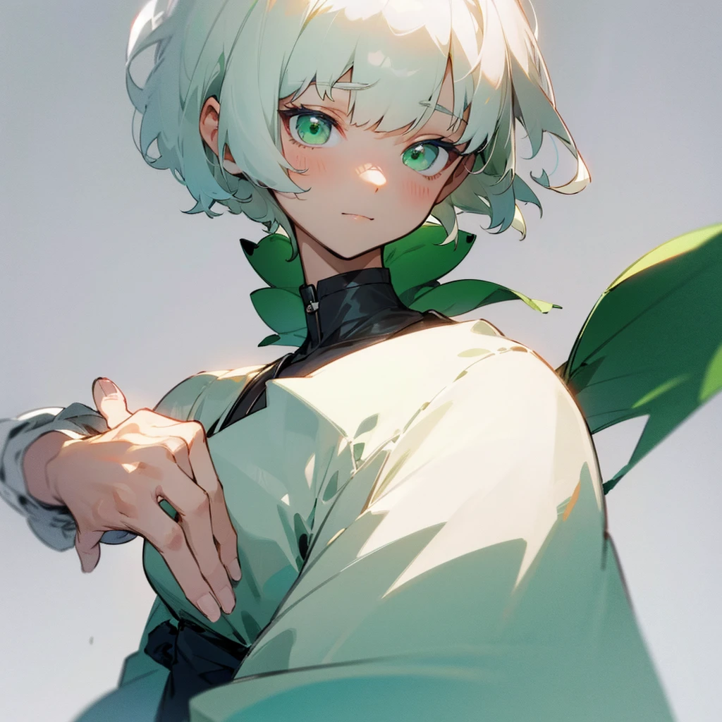 blind box,simple background,  short white haircut soft boy ,green eyes ,soft skin , soft smile and cute outfit,character design 