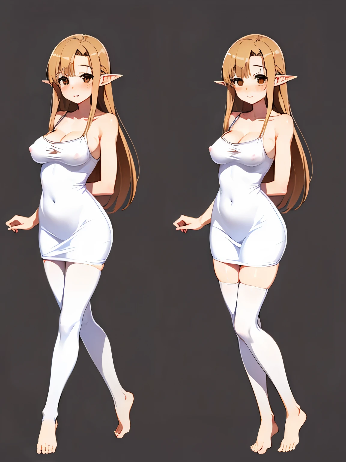 NSFW,Yuuki Asuna、Long Hair、Brown Hair、(Brown eyes:1.8),(White high-quality tight dress:1.5),belly button、Bare shoulders、barefoot、Pointy Ears、abdomen、Elf、Long legs,Big Breasts,Cleavage,clavicle,(Perfect hands),(Perfect Anatomy),(masterpiece),(highest quality),Embarrassed,blush