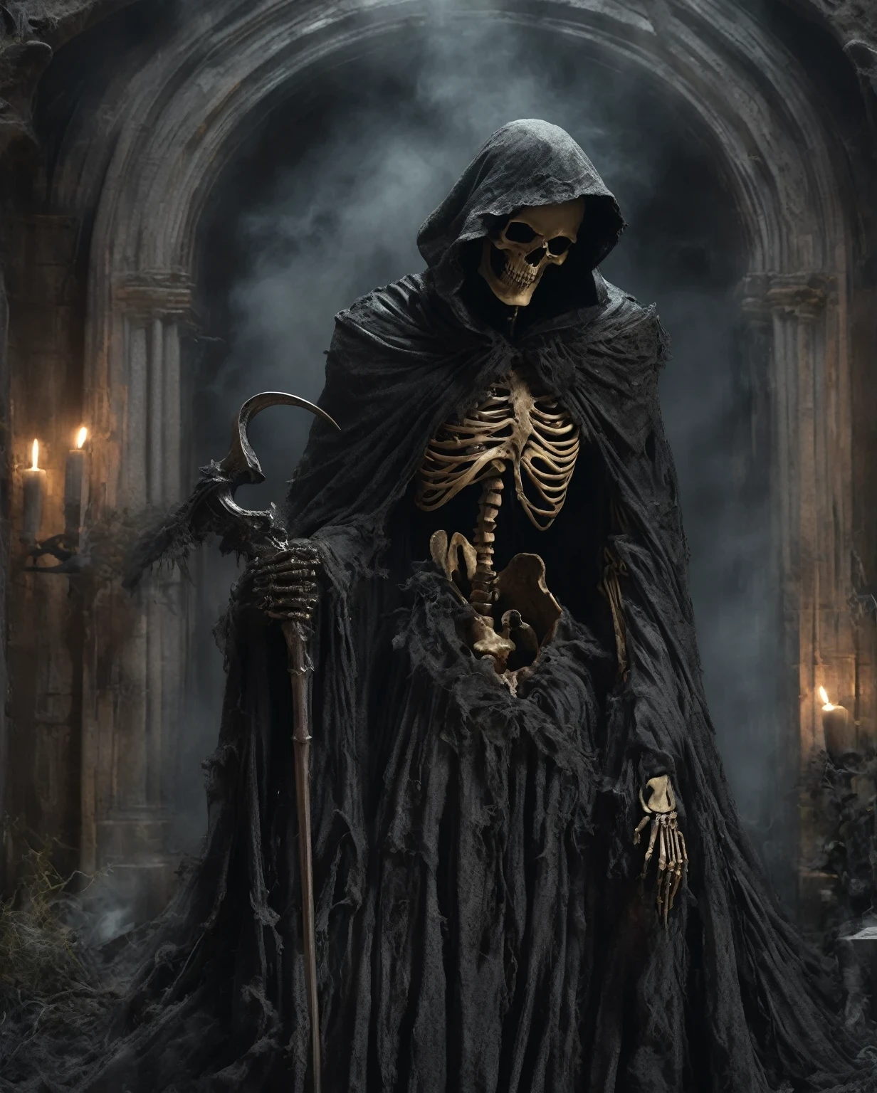 (best quality,4k,8k,highres,masterpiece:1.2), ultra-detailed, (realistic,photorealistic,photo-realistic:1.37),, in style of Alessandro AlloriGrim reaper, black cloak, skeleton, black hood, holding a scythe,  Demon's Crown，night, moonlight, mist, eerie atmosphere, creepy, mysterious, dark shadows, ethereal, spectral, supernatural, bone-chilling, haunting, Gothic, surreal, specter, death personified, embodiment of mortality, Grim Reaper, embodiment of the afterlife, ominous, soul collector, supernatural entity, macabre, foreboding, deathly pale, somber, solemn, skeletal figure, harbinger of death, silent, stealthy, empty eye sockets, bony fingers, ancient, timelessness, realm between life and death, border between the mortal world and the beyond.