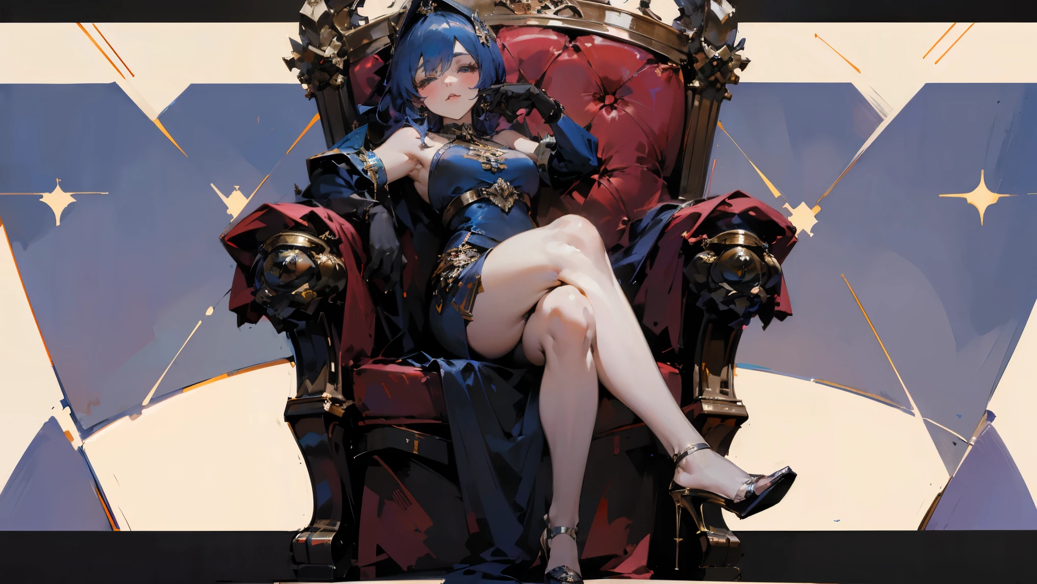 ((best quality)), Jewelry Package)),((1 Obese girl))From the back，Cross your legs，Dark blue hair，Sleeping on the throne，Metal high heels，((Gloves))，（Nikolai Fehin），( Fisher, )，The background is a banquet，Luxurious，Drinks，Food in hand