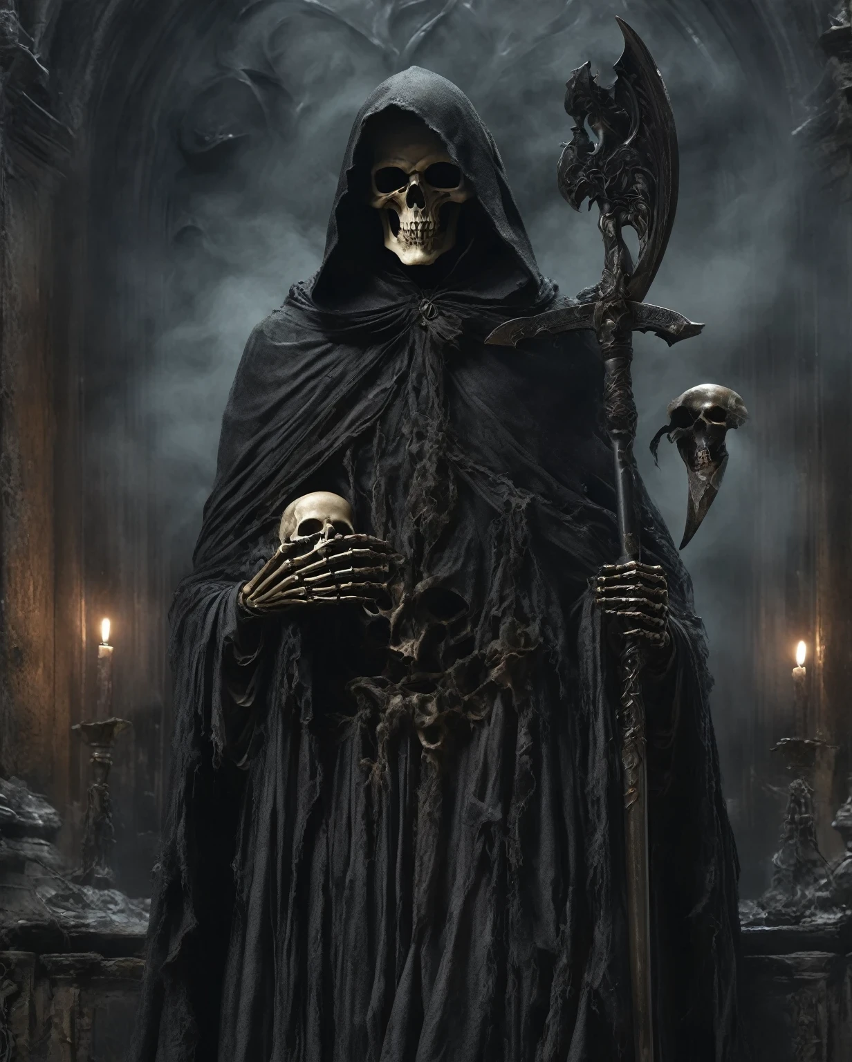 (best quality,4k,8k,highres,masterpiece:1.2), ultra-detailed, (realistic,photorealistic,photo-realistic:1.37),, in style of Alessandro AlloriGrim reaper, black cloak, skeleton, black hood, holding a scythe,  Demon's Crown，night, moonlight, mist, eerie atmosphere, creepy, mysterious, dark shadows, ethereal, spectral, supernatural, bone-chilling, haunting, Gothic, surreal, specter, death personified, embodiment of mortality, Grim Reaper, embodiment of the afterlife, ominous, soul collector, supernatural entity, macabre, foreboding, deathly pale, somber, solemn, skeletal figure, harbinger of death, silent, stealthy, empty eye sockets, bony fingers, ancient, timelessness, realm between life and death, border between the mortal world and the beyond.