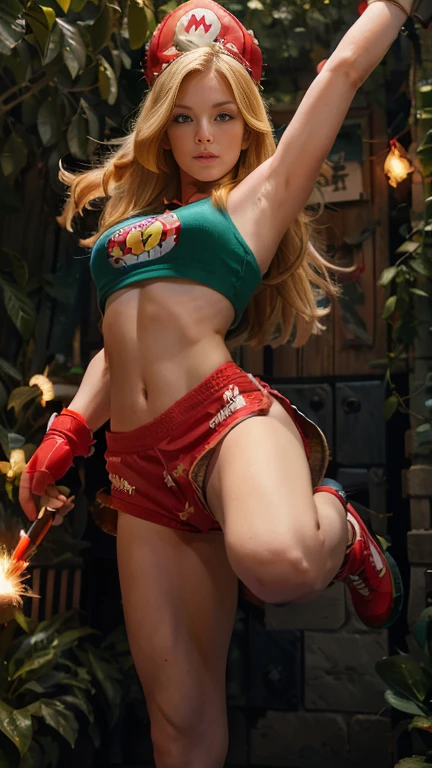 Mulher realista, loira,roupas verdes, botas pretas,luvas vermelhas, boina vermelhas