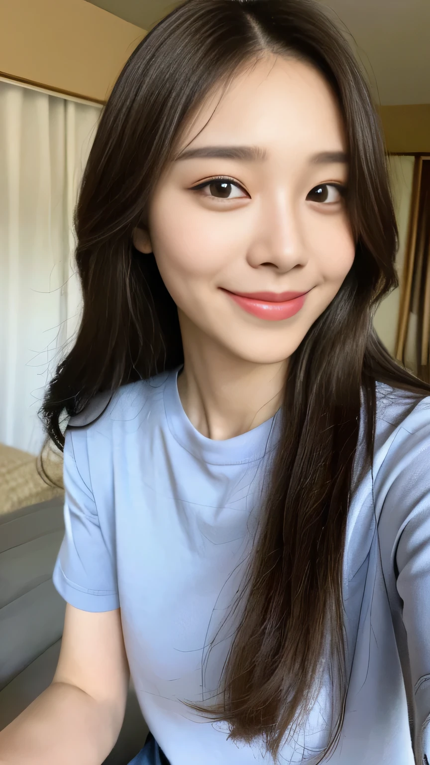 Full body angle、((highest quality, 8K, masterpiece:1.3)), concentrated:1.2, Perfect body beauty:1.4, Hips:1.2, ((Delicate Hair)), (Colorful T-shirts、Shorts、pajamas、 :1.1) , ((highest quality、8K、masterpiece:1.3))、1 Girl、A sloppy smile、Esbian all over、Slim face、Big 、Beautiful woman、(Dark Brown Hair)、Long Hair、1.1、Flickering Valley、Detailed eyes、double eyelid、Blurred Background、超Slim face、Smile、Looking down、