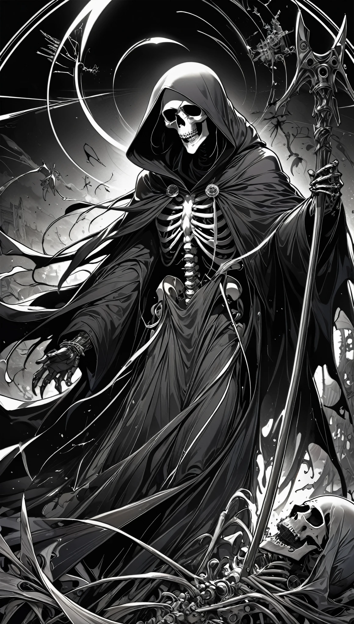 rare piece of art, best quality, super fine, 16k, incredibly absurdres, extremely detailed, delicate and dynamic, piece that is all black, white line art, black death, black grim reaper, disassembled diagram of the Black Grim Reaper, darkness, despair, a ray of light