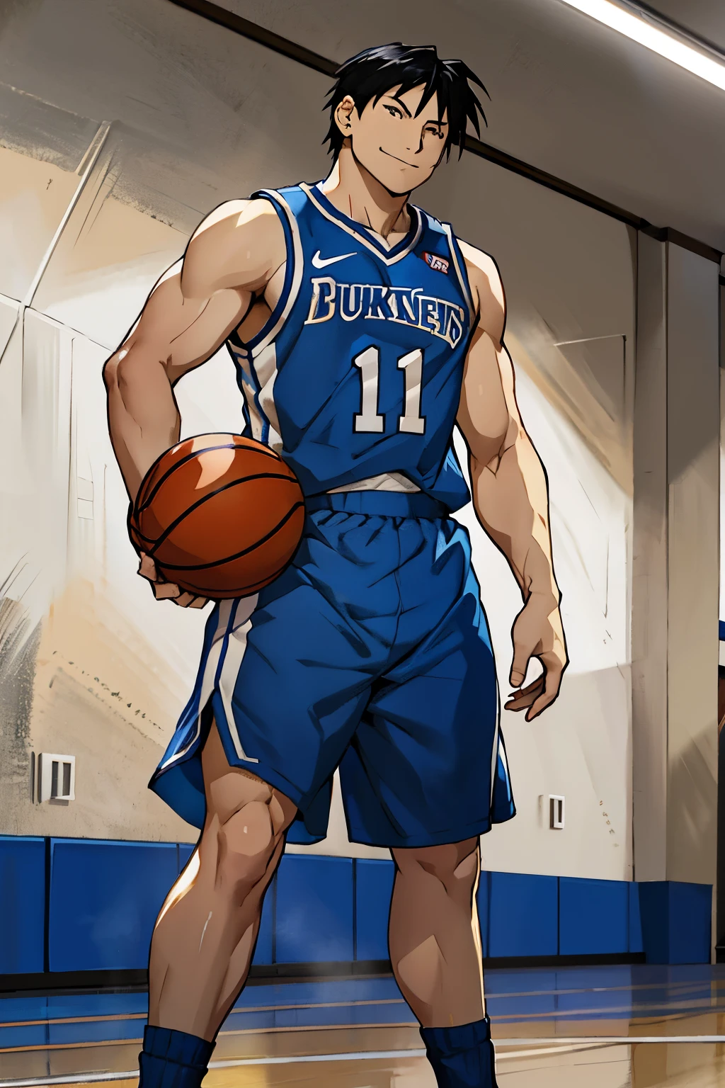 Roy Mustang from Full Metal Alchemist, wearing a basketball uniform, shorts and sneakers, basketball player, smug smile, defined body, muscular, big legs, basketball court