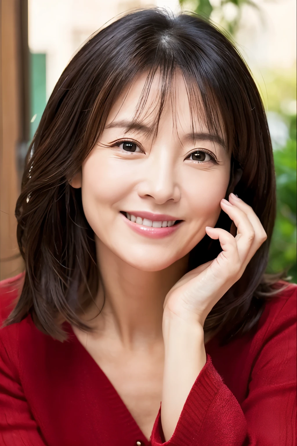 47 years old、smile、beautiful、Adult Elegance、Shining eyes、stare、