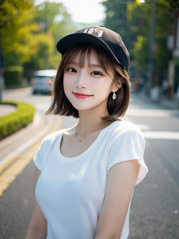 masterpiece, highest quality, High resolution,alone,Brown Hair, Very small earrings,artistic,Best lighting,casual,Flat Chest,Beautiful Face,expensive,smile,light makeup,nature,Age 23,Calm woman,Hair blowing in the wind,Blurred Background,Face Focus,Detailed Hair,Laughing woman,amount,Bob Cut Hair,night,outside,office Street,Woman posing,Woman in cap,hip hop,dancer