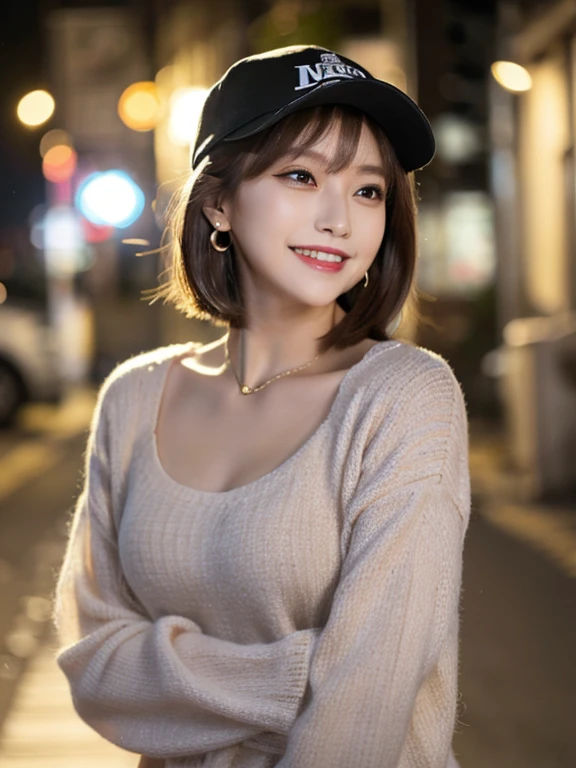 masterpiece, highest quality, High resolution,alone,Brown Hair, Very small earrings,artistic,Best lighting,casual,Flat Chest,Beautiful Face,expensive,smile,light makeup,nature,Age 23,Calm woman,Hair blowing in the wind,Blurred Background,Face Focus,Detailed Hair,Laughing woman,amount,Bob Cut Hair,night,outside,office Street,Woman posing,Woman in cap,hip hop,dancer