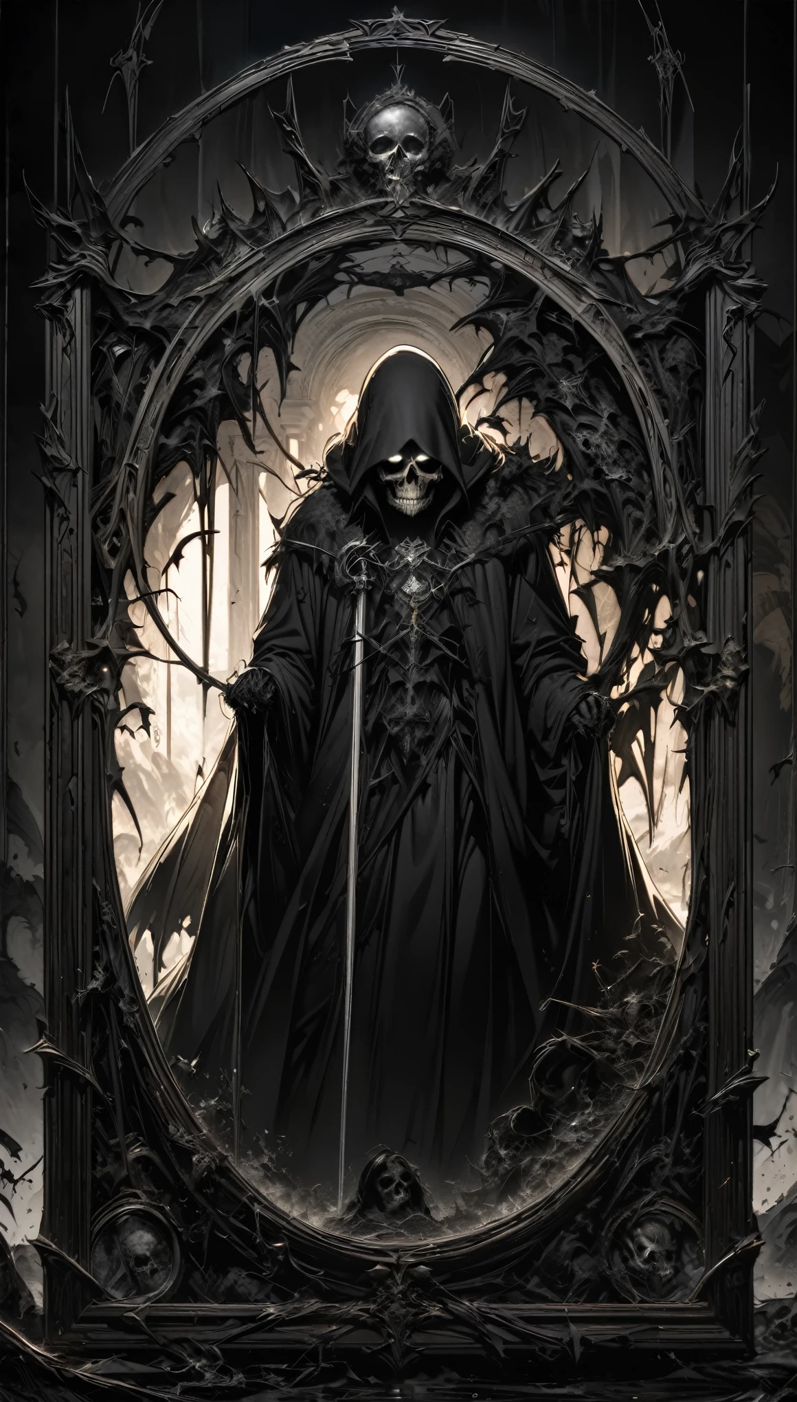 rare piece of art, best quality, super fine, 16k, incredibly absurdres, extremely detailed, delicate and dynamic, piece that is black, white line art, black death, black grim reaper, disassembled diagram of the Black Grim Reaper, darkness, despair, a ray of light, tarot card picture frame