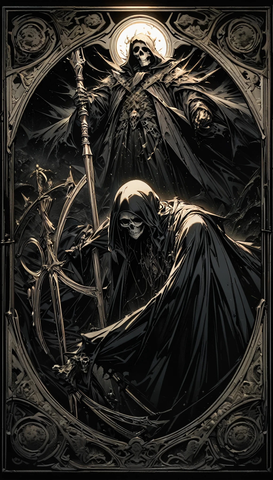 rare piece of art, best quality, super fine, 16k, incredibly absurdres, extremely detailed, delicate and dynamic, piece that is black, white line art, black death, black grim reaper, disassembled diagram of the Black Grim Reaper, darkness, despair, a ray of light, tarot card picture frame