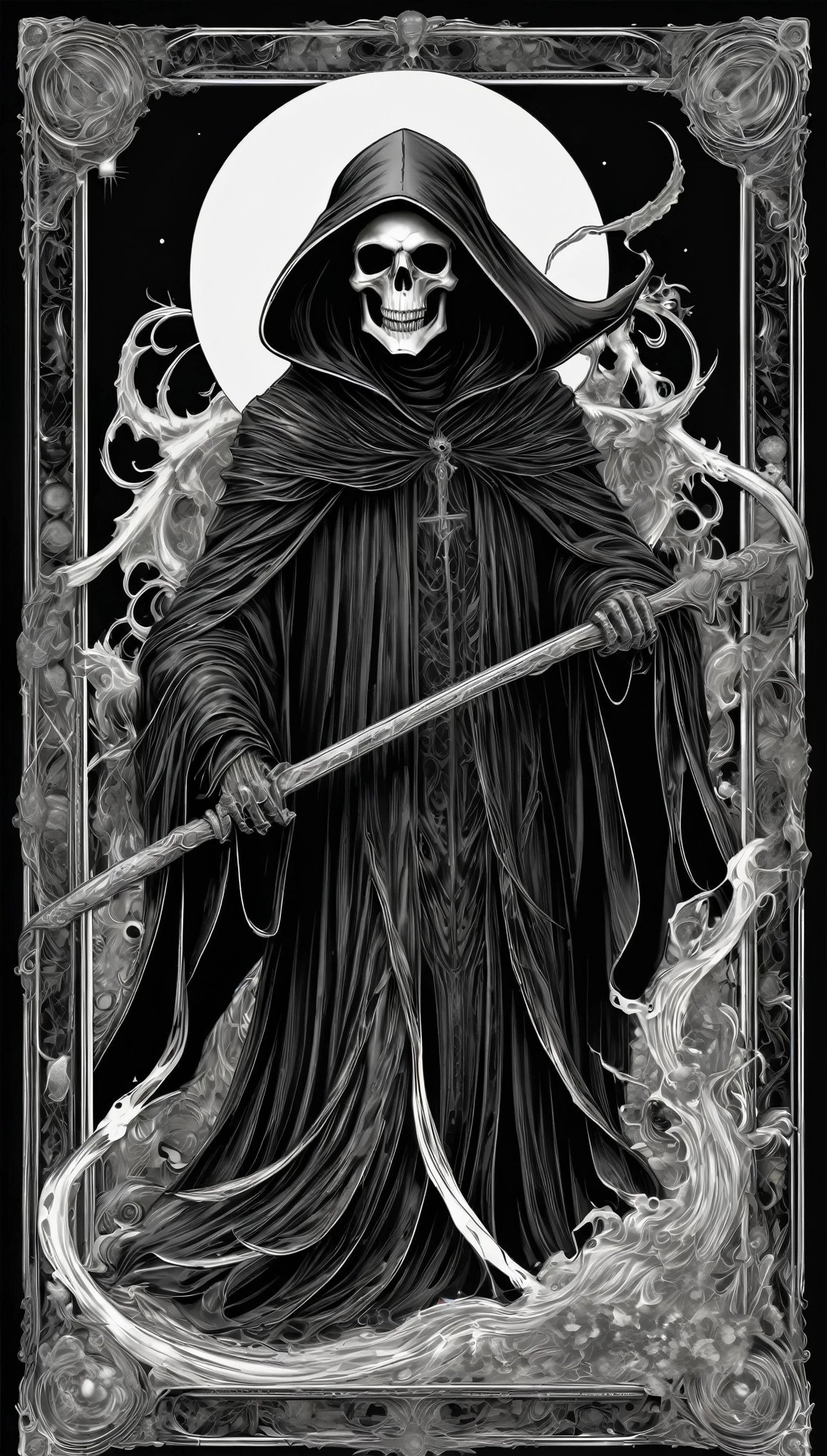 rare piece of art, best quality, super fine, 16k, incredibly absurdres, extremely detailed, delicate and dynamic, piece that is black, white line art, black death, black grim reaper, disassembled diagram of the Black Grim Reaper, darkness, despair, a ray of light, tarot card picture frame