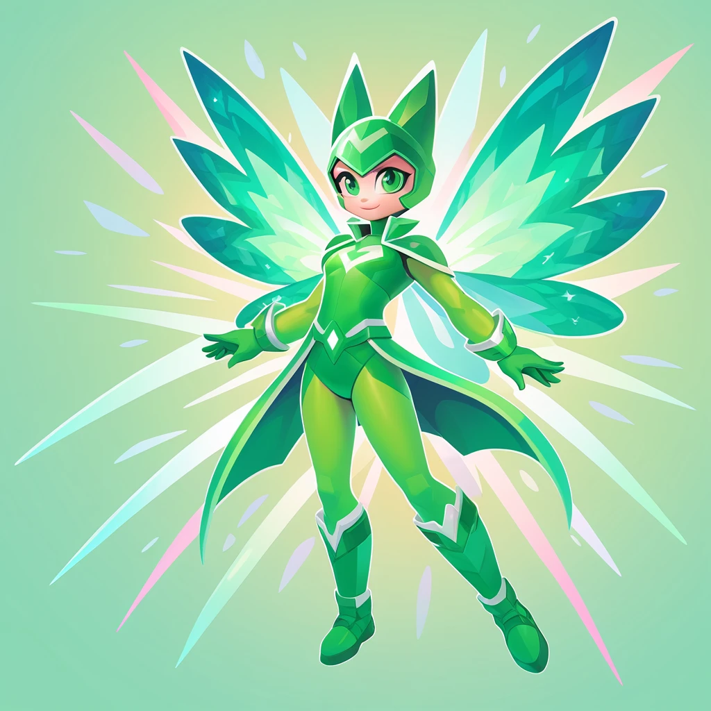 green Super Hero with green white and Prism Color palette with background in butterfly art style