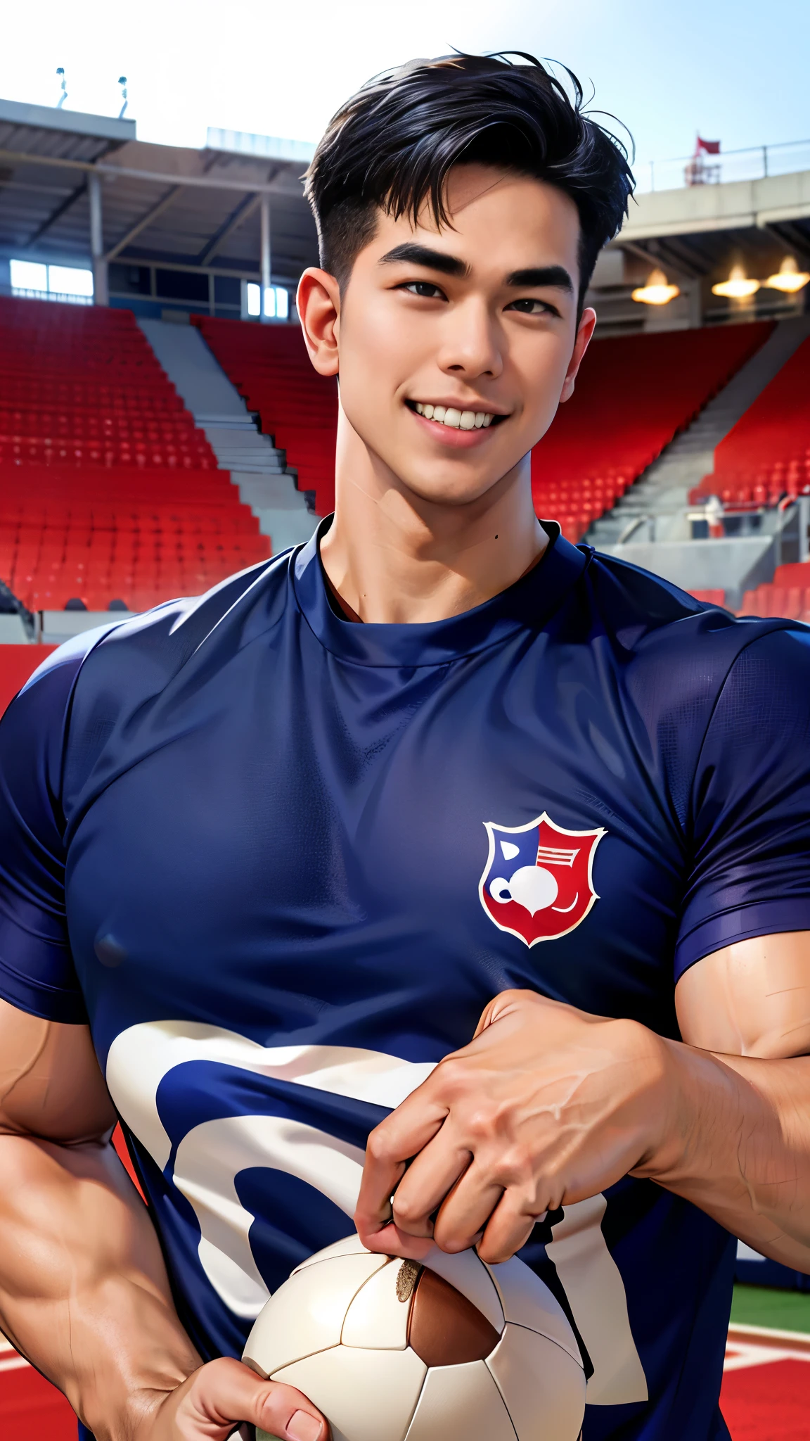 1 man, smile, (Wearing a navy blue outfit, round neck, short sleeve football shirt.), Navy cargo pants, Korean guy , korean men, (High gloss details), chest muscles, Big arm muscles, blood vessel, big muscles, Broad shoulders, looking at the audience, Balancing the eyes, (Make eye contact), sports stadium, football