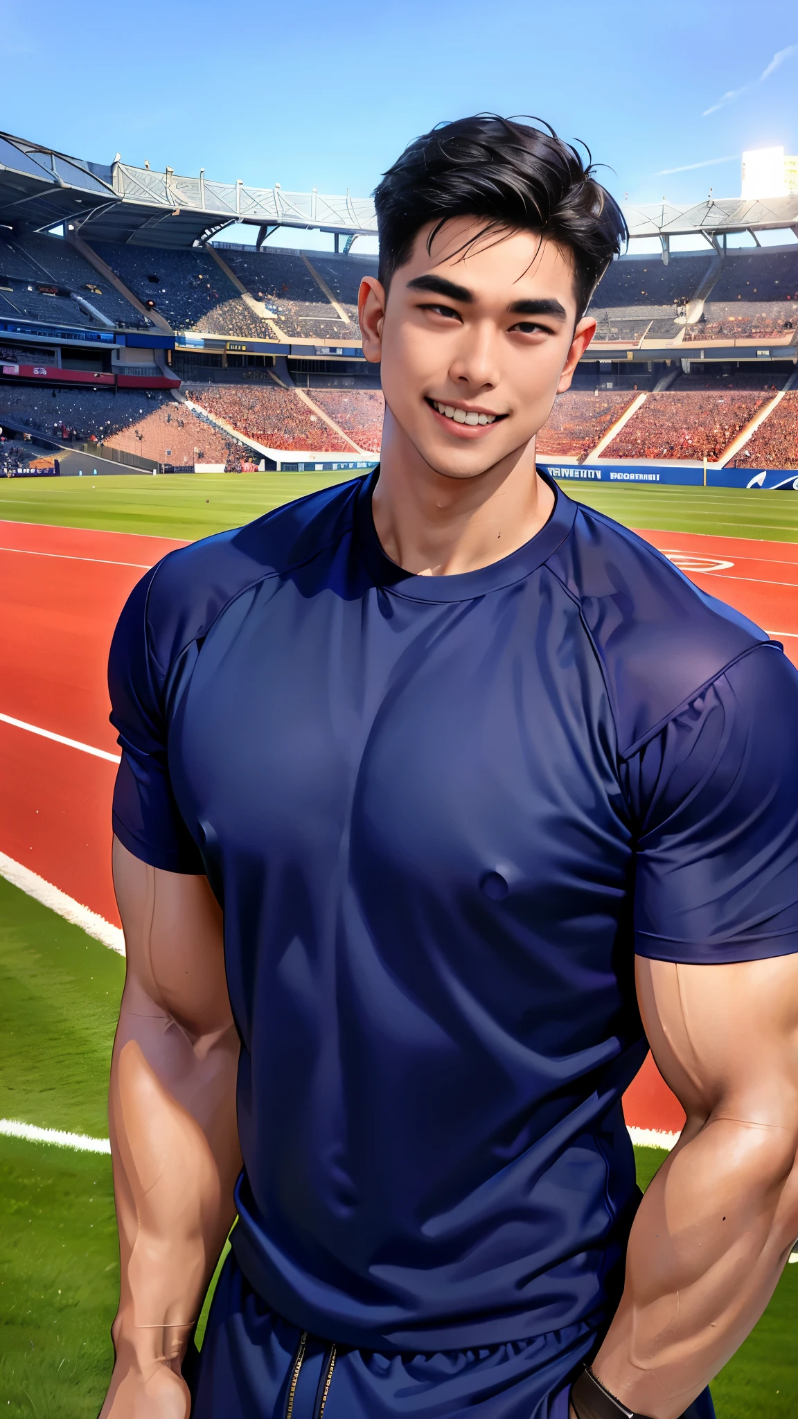 1 man, smile, (Wearing a navy blue outfit, round neck, short sleeve football shirt.), Navy cargo pants, Korean guy , korean men, (High gloss details), chest muscles, Big arm muscles, blood vessel, big muscles, Broad shoulders, looking at the audience, Balancing the eyes, (Make eye contact), sports stadium, football