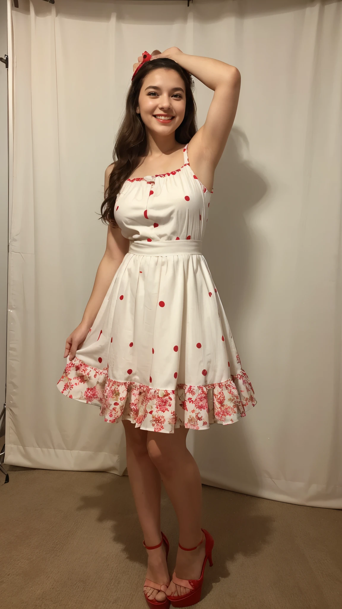 "A full-body image of a young girl standing, smiling brightly. She is wearing a charming white dress with a red floral pattern. The dress is gathered at the waist and flows out into a knee-length skirt. She has long, dark hair with a slight wave, styled with a delicate headband. She is holding her hands up to her hair, adding to her playful and joyful expression. The background is plain and light-colored, ensuring that the focus remains on her cheerful demeanor and the vibrant dress." red lips sexy. wearing high heel acnes, pimples, spots
((night shoot))