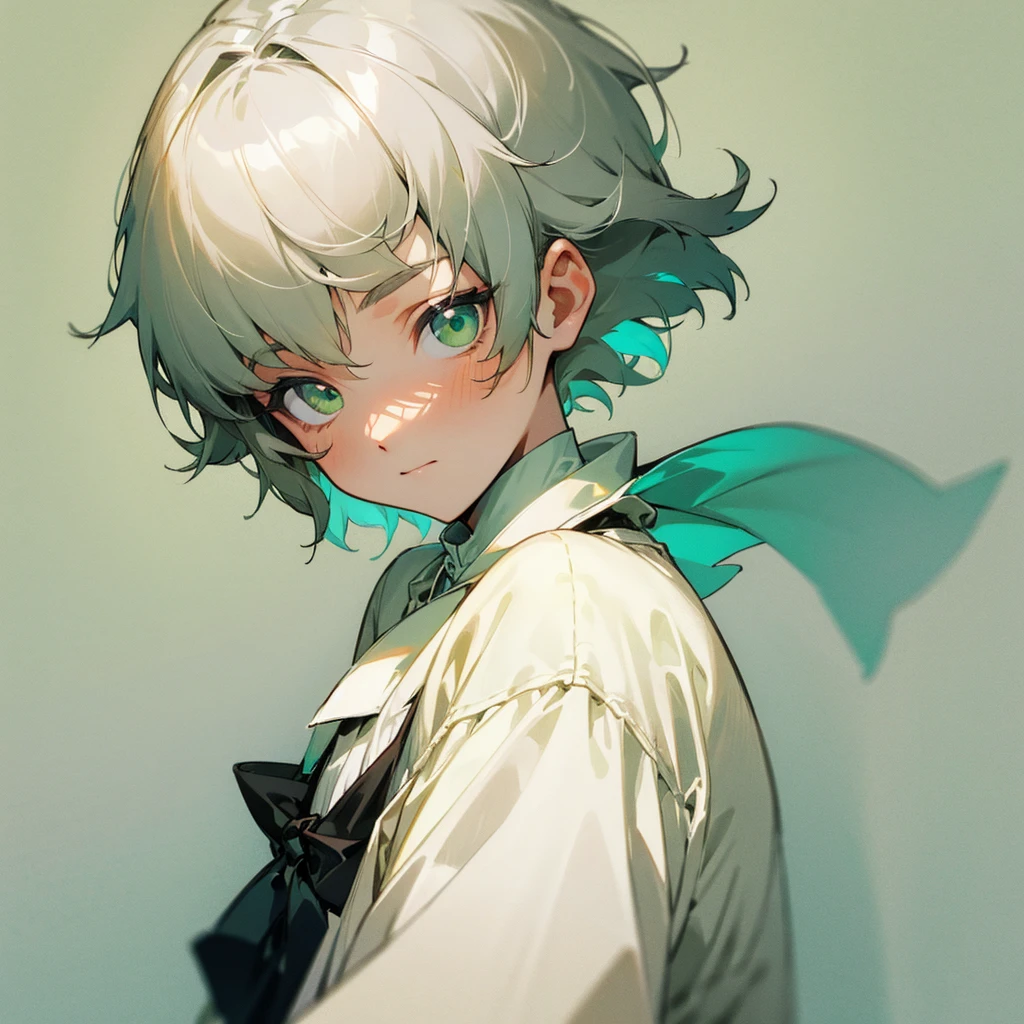 blind box,simple background,  short white boyish haircut soft boy ,green eyes ,soft skin , soft smile and cute outfit