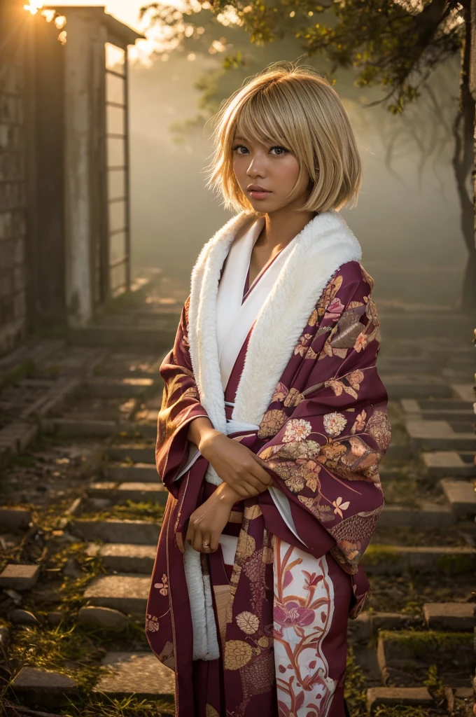 gyaru, dark-skinned, shiny oiled skin, blond short cut hair, wearing japanese kimono,  in the ruins, deep fog, at sunset