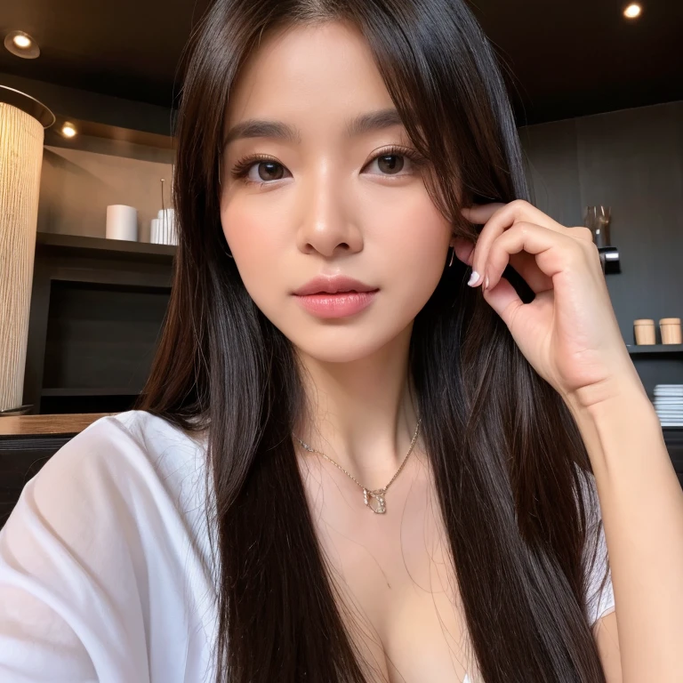 frontal photo Looking straight into the camera,8k quality,, Close up of 25 year old Asian woman, very beautiful, 38 inch breasts.,) Long, flowing hair,) Wear a dark black t-shirt., Inside a luxury coffee shop,  Taken with a high quality camera 45,000,000 pixels, realistic light colors, 