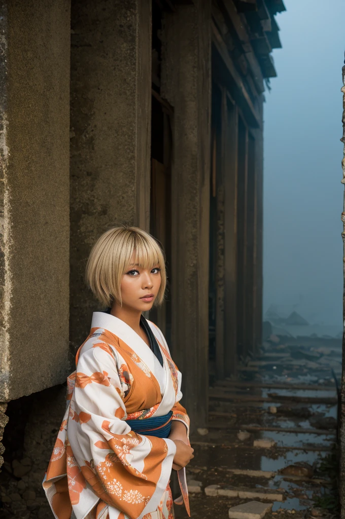 gyaru, dark-skinned, shiny oiled skin, blond short cut hair, wearing japanese kimono,  in the ruins, deep fog, at sunset