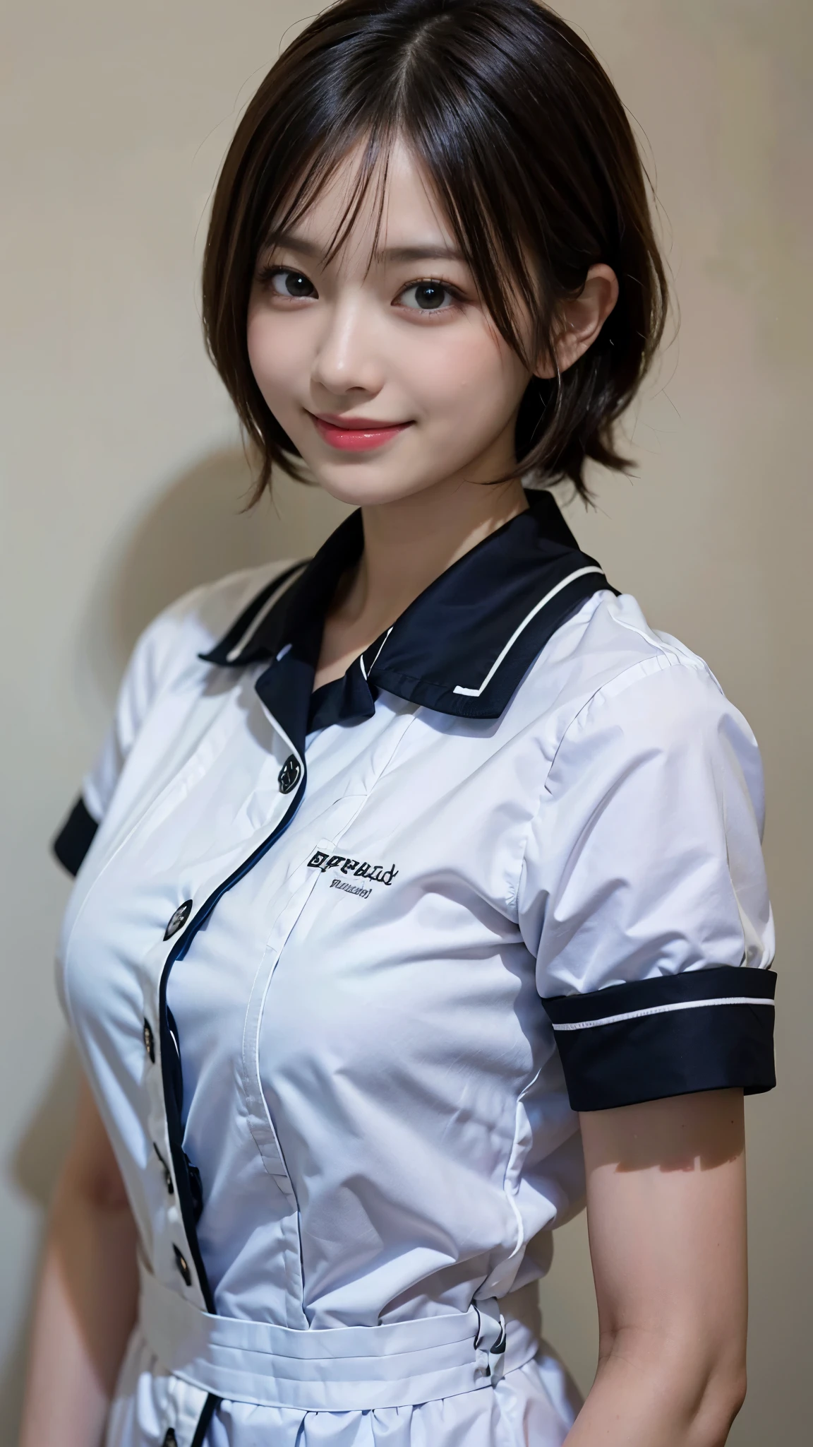 ((highest quality、Masterpiece、High resolution))、(((Zoom photo of upper body)))、(A shy smile:1.2)、One woman、Beautiful Skin、Beautiful Eyes、Big Breasts、Nurse uniform、Black Hair、Trimmed bangs、short hair