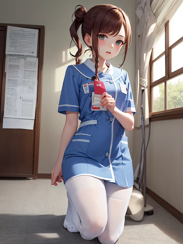 masterpiece, best quality, 1 girl, solo, 18 years old, small breasts, Perfect Face, beautiful, braid ponytail, short ponytail, blue nurse uniform, white pantyhose, (on one knee:1.3),examining room,