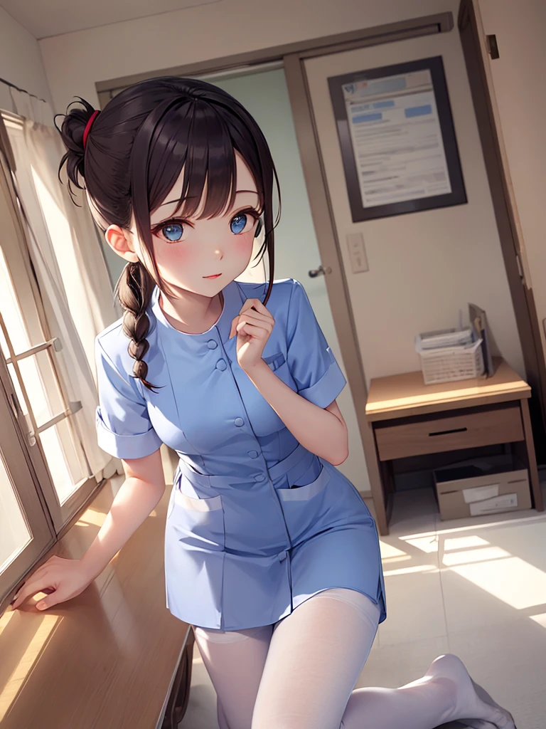 masterpiece, best quality, 1 girl, solo, 18 years old, small breasts, Perfect Face, beautiful, braid ponytail, short ponytail, blue nurse uniform, white pantyhose, (on one knee:1.3),examining room,