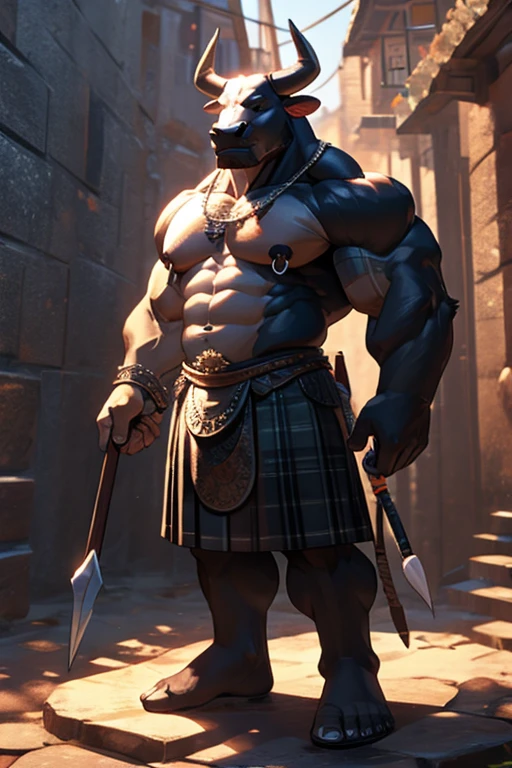 heroic looking bull with spear. muscles visible. wearing kilt. chest visible. wearing nipple rings. erection visible. cum leaking