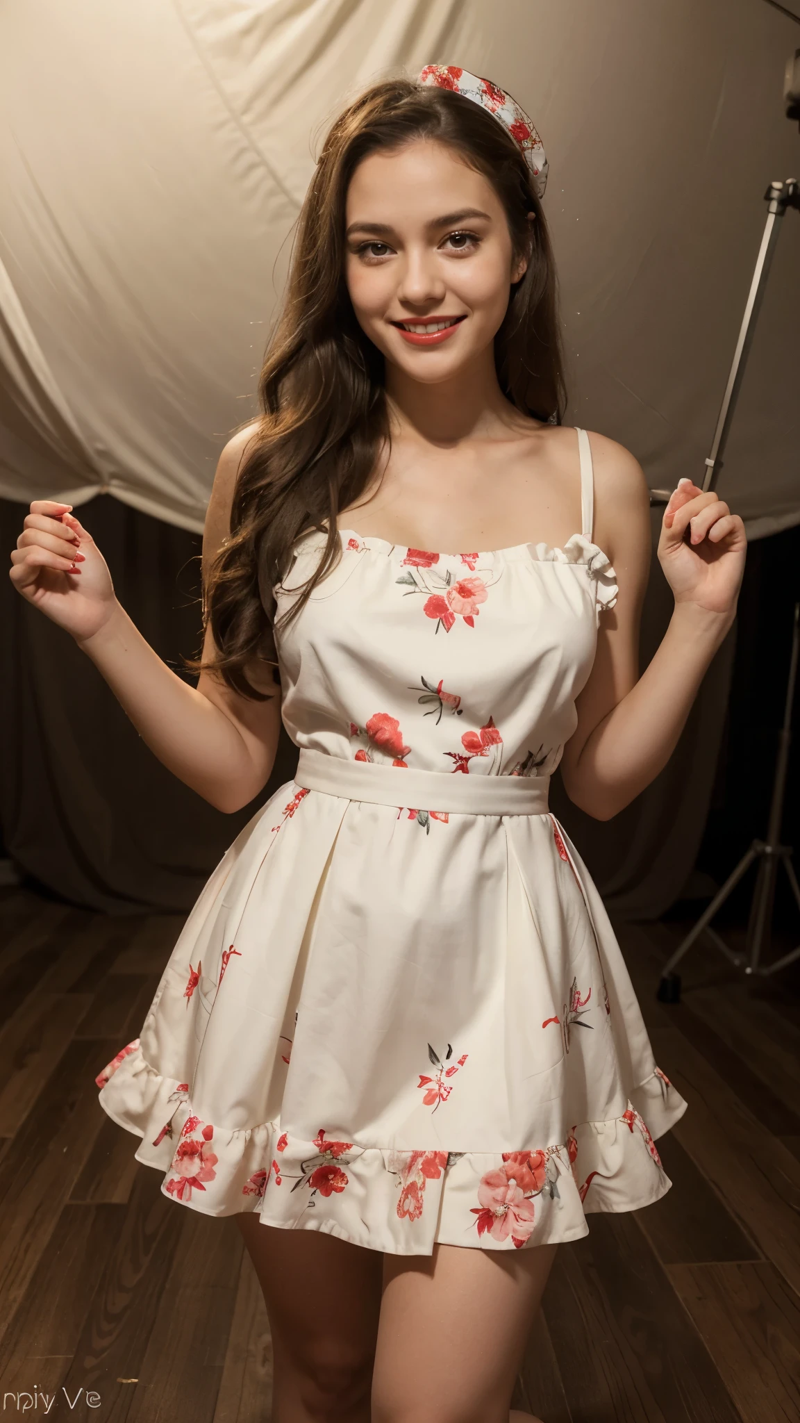 "A full-body image of a young girl standing, smiling brightly. She is wearing a charming white dress with a red floral pattern. The dress is gathered at the waist and flows out into a knee-length skirt. She has long, dark hair with a slight wave, styled with a delicate headband. She is holding her hands up to her hair, adding to her playful and joyful expression. The background is plain and light-colored, ensuring that the focus remains on her cheerful demeanor and the vibrant dress." red lips sexy. wearing high heel acnes, pimples, spots
((night shoot))