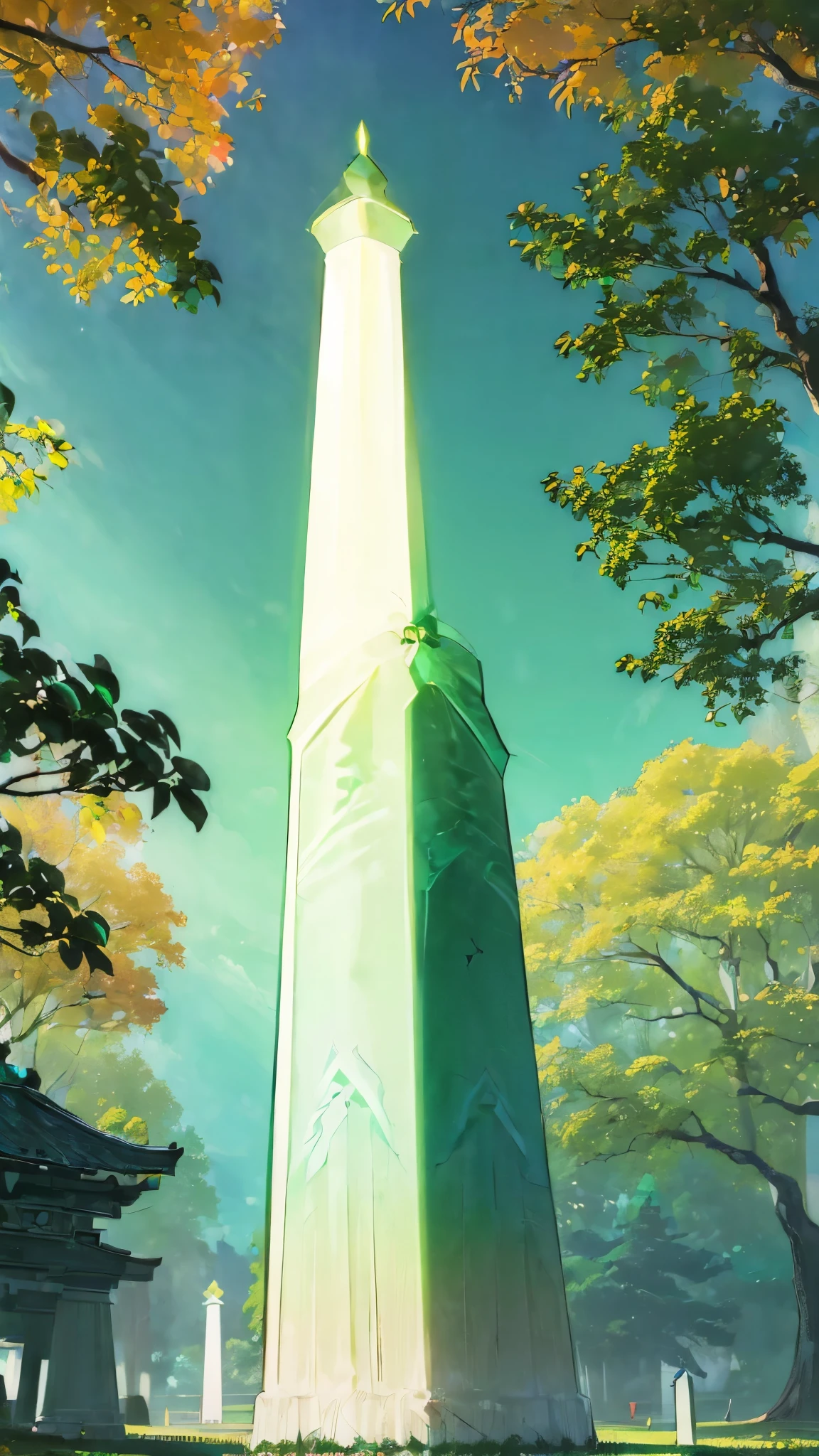 ((background only:2)),Best quality,8k、(Futuristic emerald obelisk:1.5)、(all green colored building),(Japanese garden:1.2)、afternoon、(autumn:1.2),from below