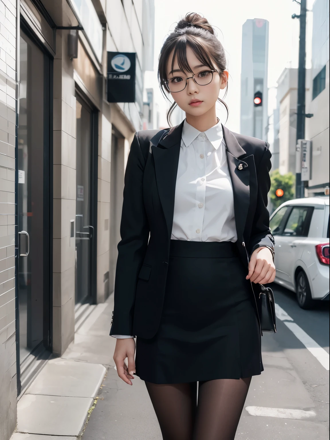 alone、solo、OL in her 20s in office uniform posing for a photo、(Black Pantyhose)、(Half Up),victory、Tsundere、Single knot、OL、suit、blue mini skirt、anger、small、Glasses、slim girl model photo、physical:the smallest middle-aged man in history、female model、Japanese female fashion model、(8k、RAW photo、highest quality、masterpiece:1.2)、(real、photorealistic:1.37)、Super detailed、Ultra high definition、office Street、 standing position、whole body、((((SEXY)))