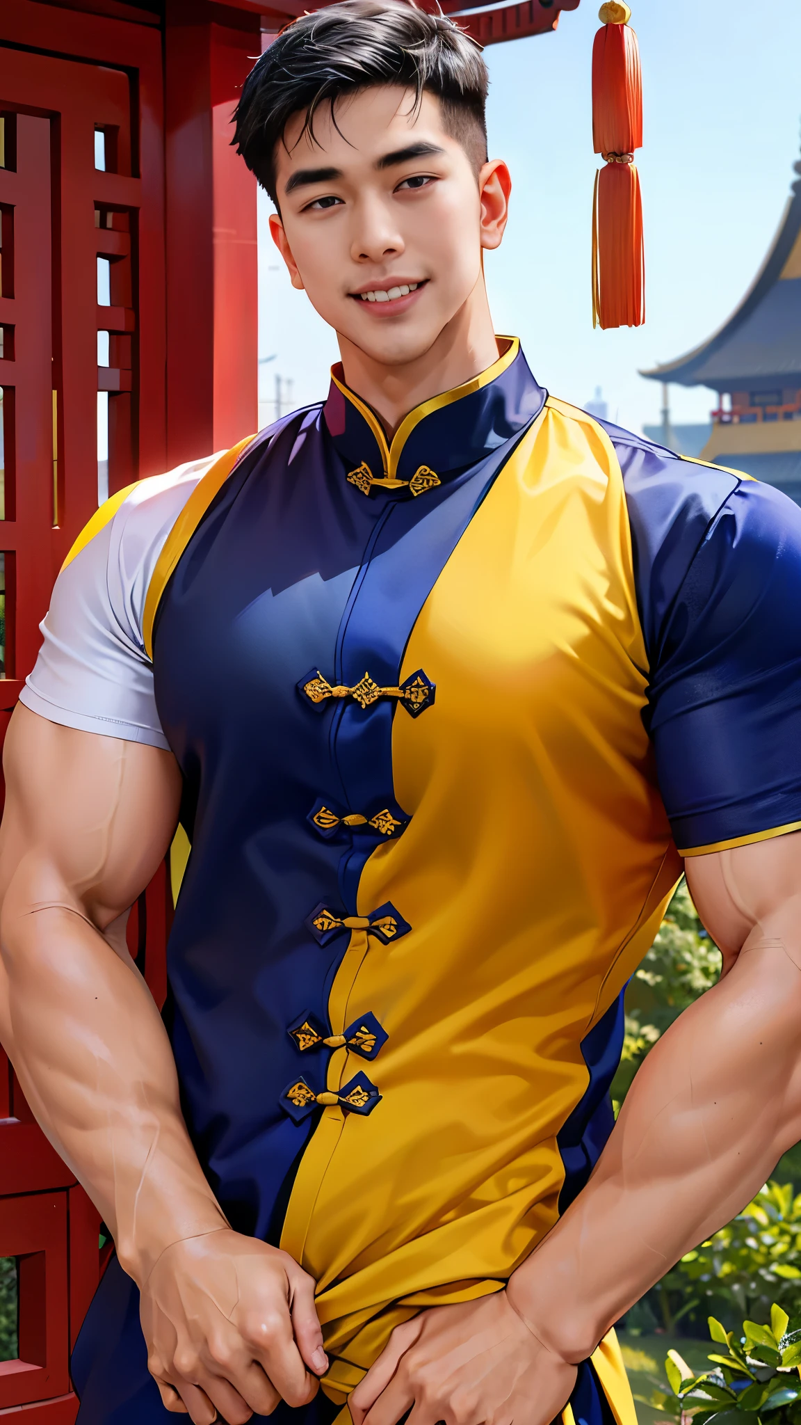 (Handsome Chinese man:1.5) , 1 man, smile, Portrait, Navy blue fashion clothes, realistic, Casual wear, black short hair, Detailed eyes, textured skin, 25 year old boy, studio, The role of muscles, Perfect shade texture, gigantic muscle, Dynamic shock, outdoor