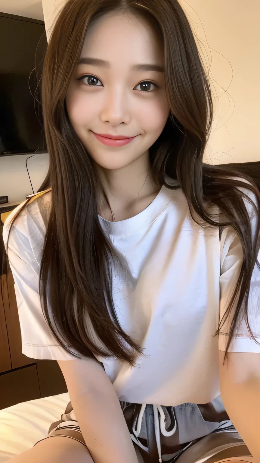 ((Full body angle)),((highest quality, 8K, masterpiece:1.3)), concentrated:1.2, Perfect body beauty:1.4, Hips:1.2, ((Delicate Hair)), (Colorful T-shirts、Shorts、pajamas、 :1.1) 、1 Girl、A sloppy smile、Esbian all over、Slim face、Big 、Beautiful woman、(Dark Brown Hair)、Long Hair、1.1、Flickering Valley、Detailed eyes、double eyelid、Blurred Background、超Slim face、Smile、Bedroom、night、