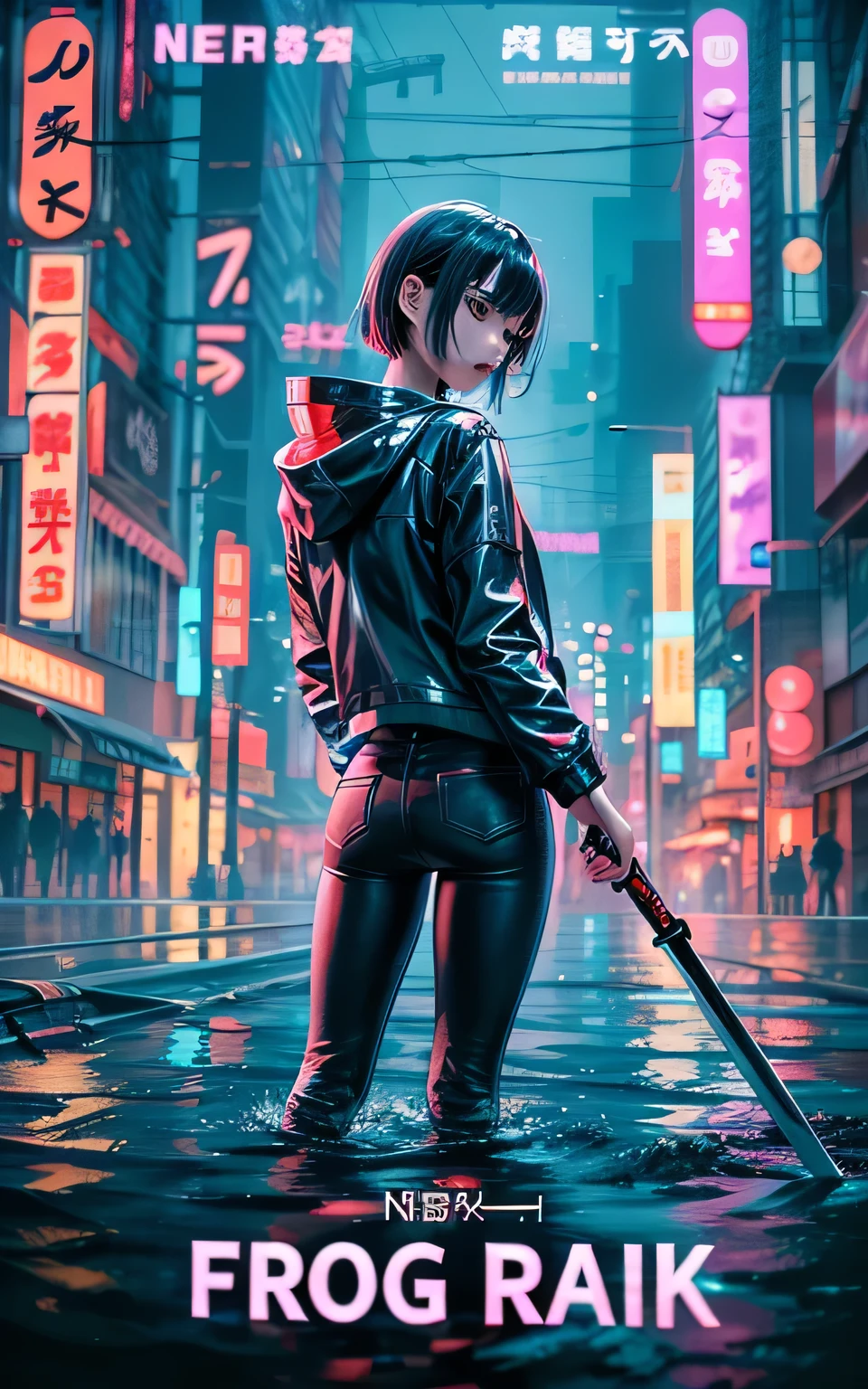 The Realistic photos, Movie Posters, The title of the film is:"frog" written in small letters:"Black rain," Reflecting the sexy Tokyo flood city, A girl with short hair is wearing modern boyish clothes.., White T-shirt with light cybernetic detailing and black skinny jeans, Transparent rain jacket, She has a long sword, Cool pose, Realistic photos, Beautiful visualization of reflective water surface, Pink and orange neon signs flashing、::"frog", 8k, wallpaper, (can&#39;t believe it_Absurd,Huge_file size:1.37),(masterpiece:1.37),(highest quality:1.37),(Realistic,ФотоRealistic:1.2),Ray Tracing,Realistic lighting,(illumination,Shine),((Film Grain:1.37)),(Exquisite detail and texture:1.2),(Resolution 8k:1.2),(Super detailed:1.2),(Sharp Focus 1.2),(Raw photo:1.0),(Beautiful facial details、Beautiful eye details、 Shine eyes、Long eyelashes、Red Nose:1.2)、((((Ideal anatomy))))、whole body, Lesbian、Mode、One Girl、alone、beautiful girl、upper class、(thin:1.37)、(Cute Face)、(Natural skin glow:1)、(Genuine, beautiful leather with attention to detail、Detailed skin texture、Detailed black hair、Neat hairstyle)、Facial Light、(Cinematic Light)