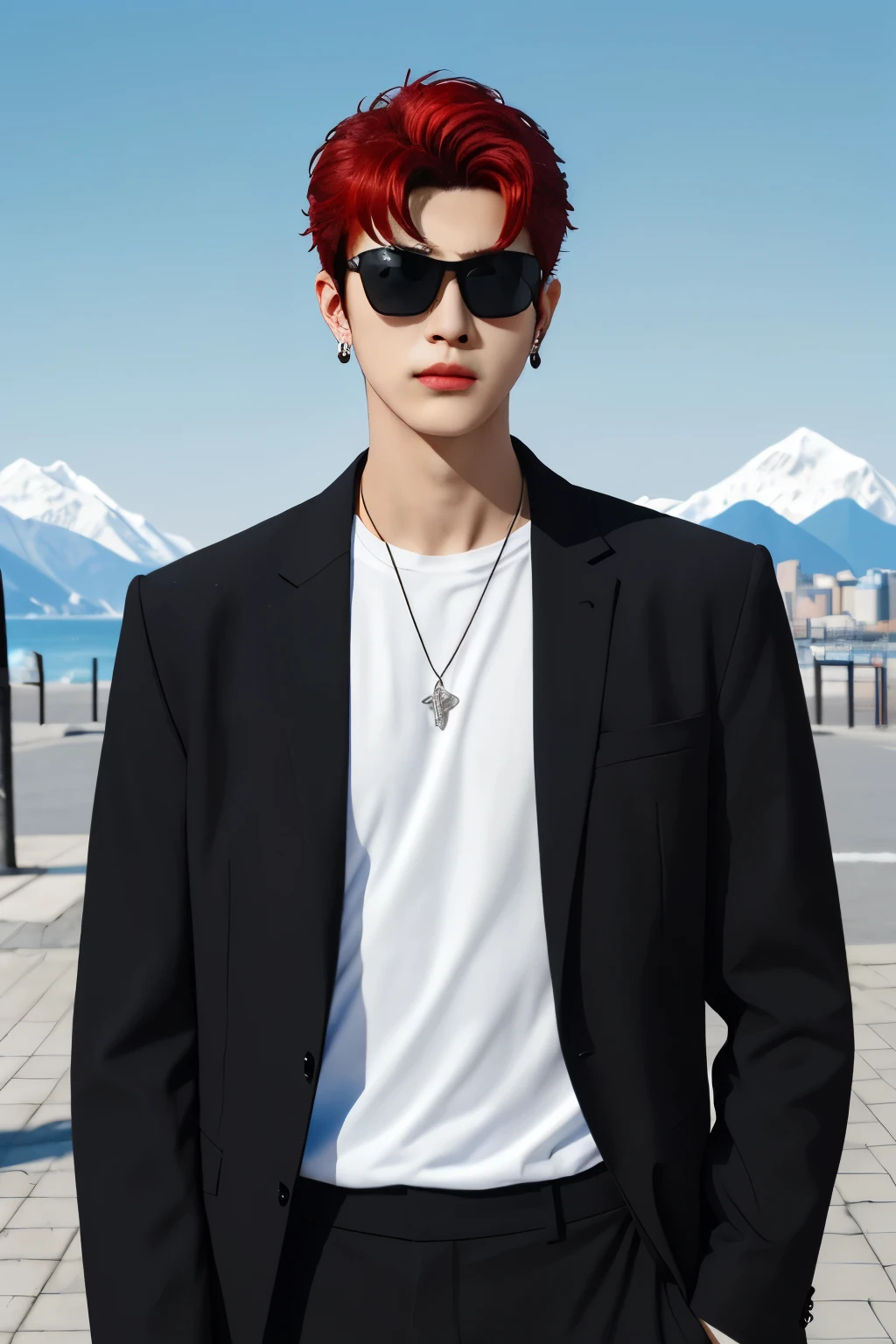 cool guy,perm,Wearing black sunglasses,Wearing earrings,Wearing earrings, exquisite facial features, Have by the sea, parks,snow mountains,City,the street,rays of sunshine, blue-sky,baiyun, red tinted hair, Cold ,frontage,strong, Well-developed abdominal muscleusculous,Robust,mannequin